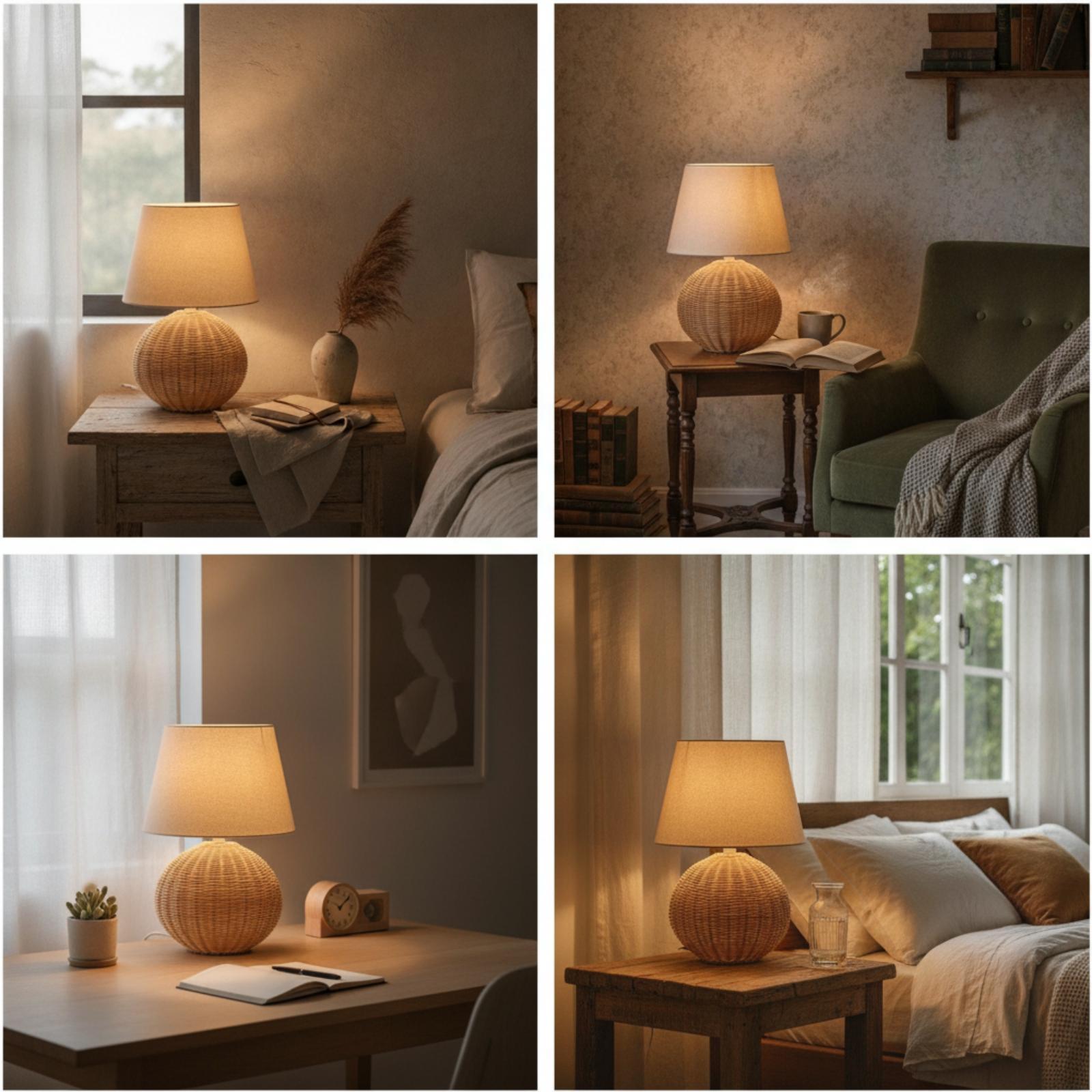 Bedside Lamp Rattan Base Fabri - огляд і ціна Lighting Decor Bedroom